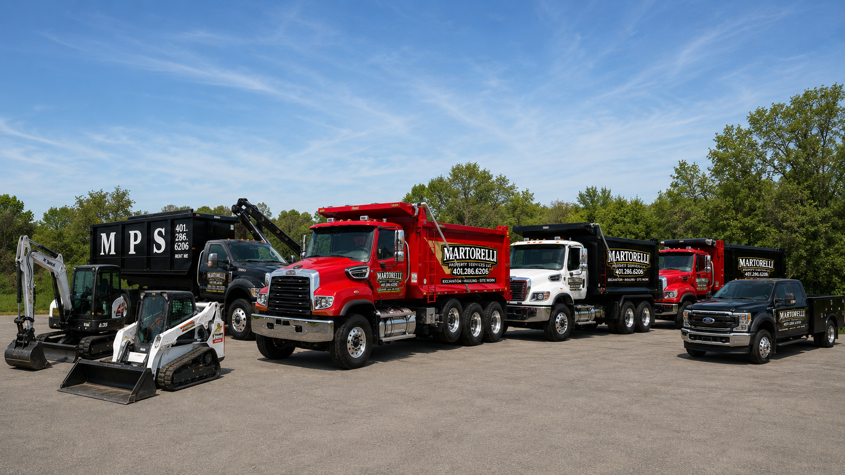 Martorelli Property Services fleet lineup — excavator, skid steer, dump trucks, and service truck