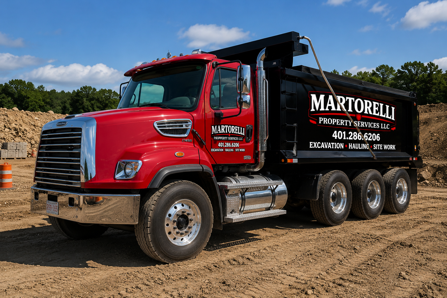 Martorelli Property Services branded red Freightliner dump truck on a Rhode Island job site