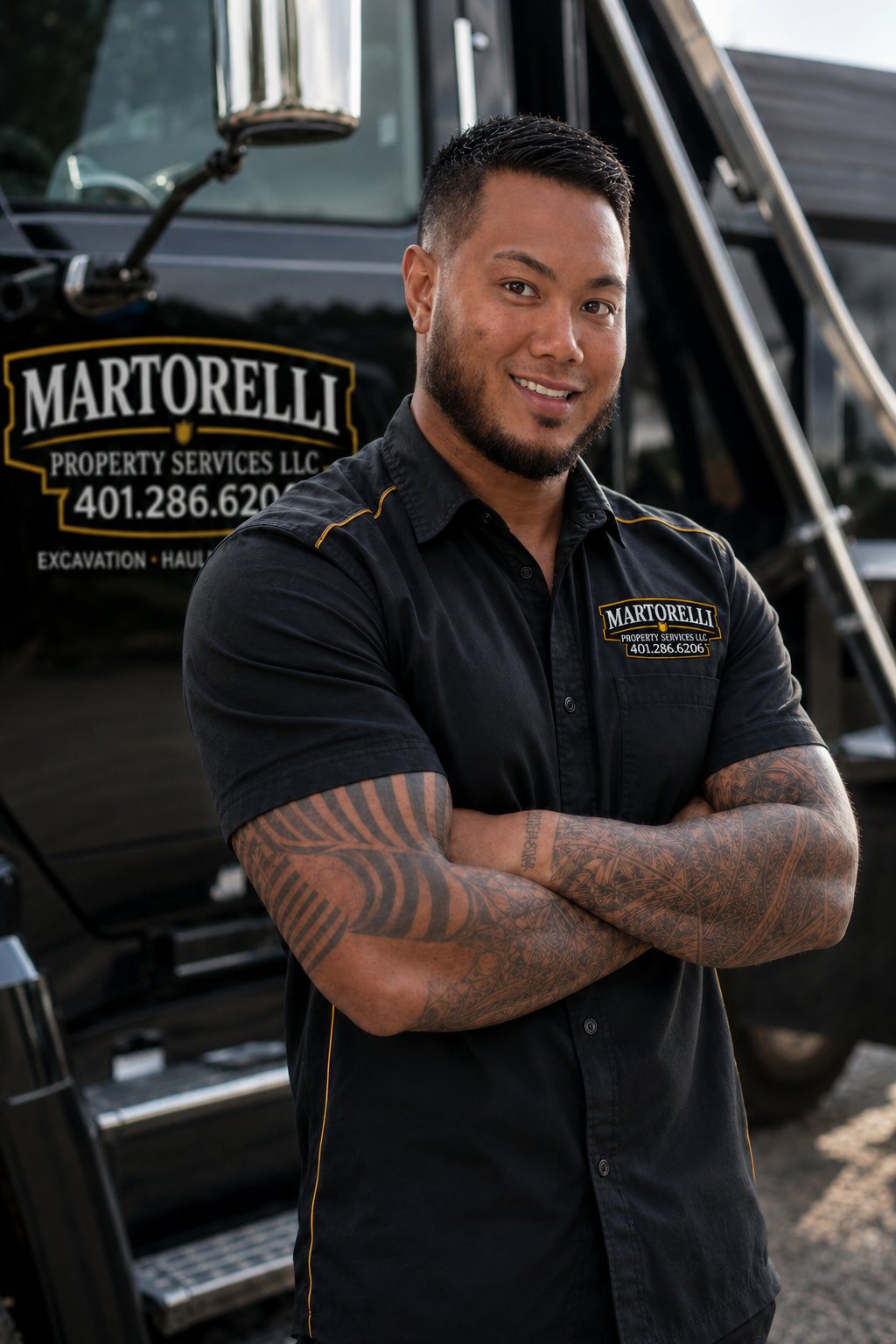 Bobby Martorelli Jr., owner of Martorelli Property Services LLC, standing in front of a Martorelli company truck in Warwick, Rhode Island